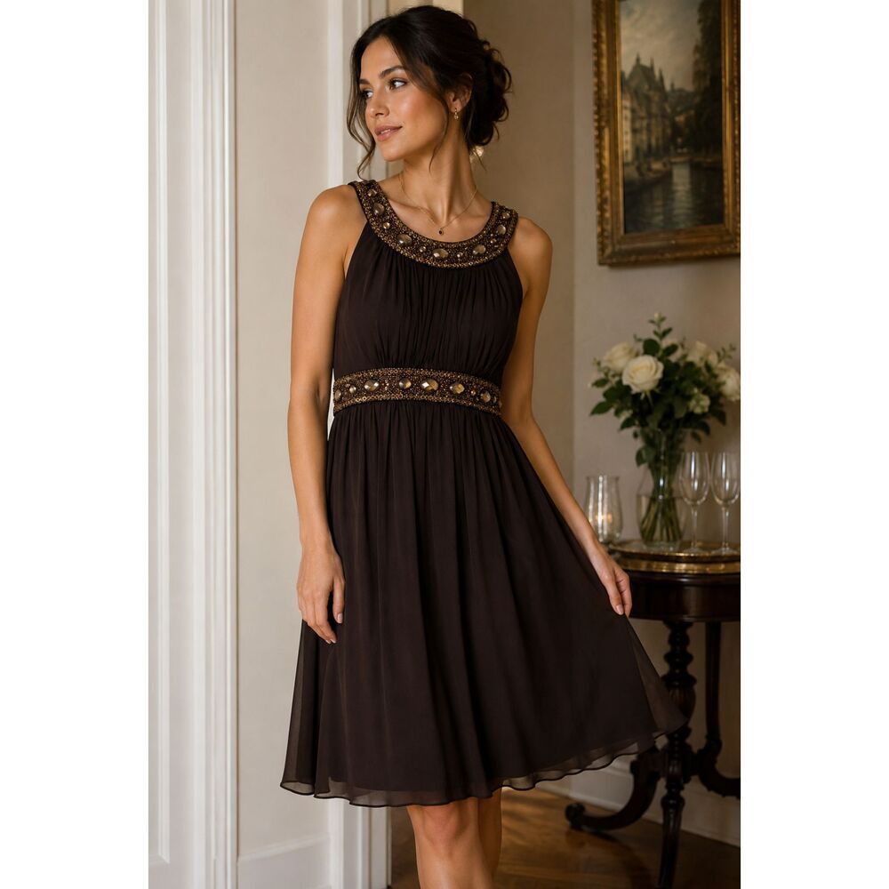 Y2K Formal Chocolate Brown Beaded Cocktail Dress Embellished Party Dress Size S